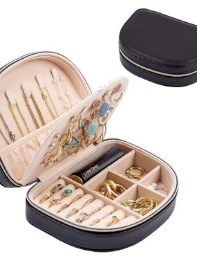 Travel Size 2 Layer Jewelry Case - Black Leather